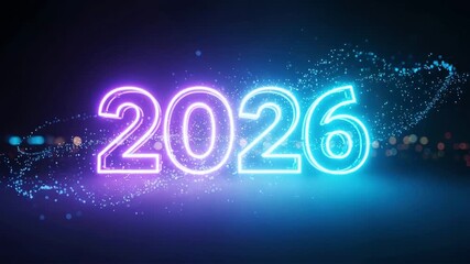 Glowing neon number 2026 with sparkling particles on dark background