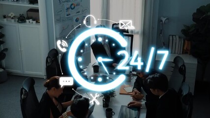 A modern office scene illustrating a team engaged in collaborative work with a 24-hour support theme, emphasizing constant communication and productivity tools in action. Raster