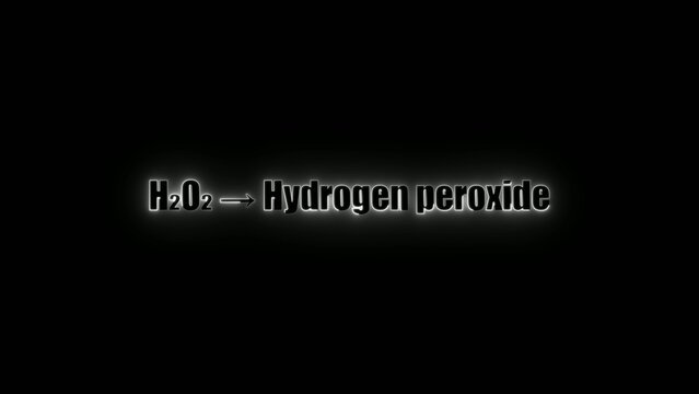 Generate title without using the word "Title:" before it. White glowing text showing H2 O2 converting to Hydrogen peroxide with arrow on a black background H2O2