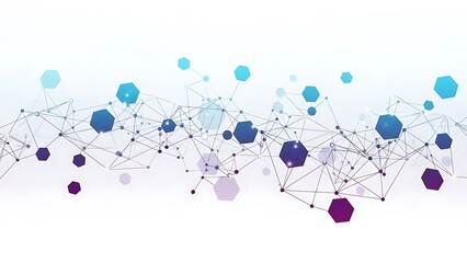 Abstract digital network structure featuring interconnected nodes and glowing hexagonal shapes in a gradient of blue and purple hues against a white background