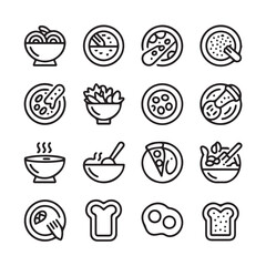 Food Line Icons Set with Meals, Dishes and Restaurant Symbols