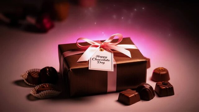 A gift box with chocolates and a pink ribbon on top for chocolate day