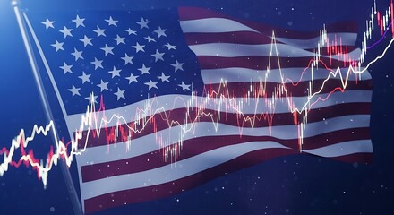 Waving american flag with superimposed stock market graph overlay symbolizing the us economy, finance, and investment growth in a digital blue background