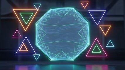 Abstract neon geometric shapes including a central glowing dodecahedron surrounded by vibrant glowing triangles create a futuristic digital art background