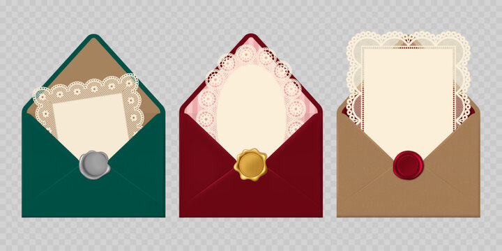 Set of Elegant open envelopes with Lace frame inside. Realistic vector illustration. Best for invitation