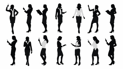 Silhouettes of businesswomen in various professional poses and outfits