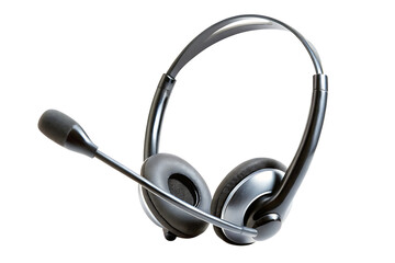 Close up of a silver and black headset with microphone isolated on white background