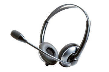 Close up of a silver and black headset with microphone isolated on white background