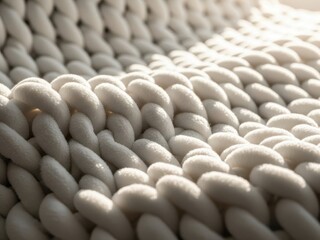 A closeup of a white chunky knit blanket or sweater
