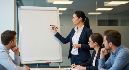 Female executive presenting blank flip chart to colleagues during an office business meeting.