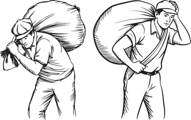 Man Carrying Heavy Sack on Back Sketch Vector Art