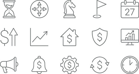 Business finance line icons set, strategy growth analytics money time investment planning marketing dashboard symbols for digital economy management design