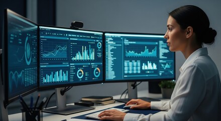 Focused businesswoman analyzing financial data on multiple monitors in a dark office environment