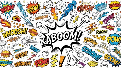 Fototapeta premium Comic book sound effects in a pop art style explosion. A dynamic illustration, bold lines and vibrant colors bring action and excitement. The word KABOOM! stands out.