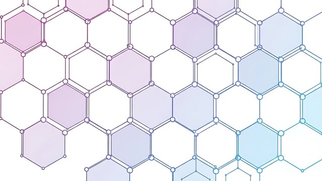 Abstract background featuring a seamless pattern of interconnected hexagonal molecular structures with a soft purple to blue gradient overlay on white - Powered by Adobe