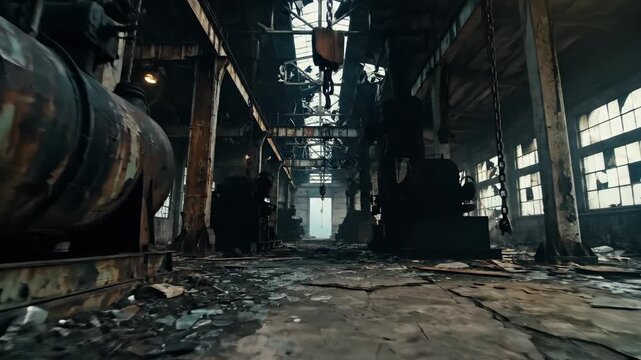 Interior view of dark, abandoned industrial factory shows rusty machinery, broken windows, debris-strewn floors. This scene conveys themes of decay, destruction, post-apocalyptic future,