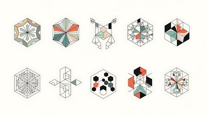 Collection of ten minimalist geometric abstract icons featuring hexagonal shapes and a muted retro color palette for modern branding and design projects