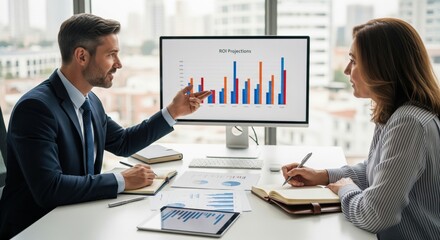 Business colleagues discussing financial data and ROI projections on a computer monitor during an office meeting.