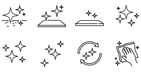 Set of eight black line icons representing surface cleaning polishing and sparkling shine effects
