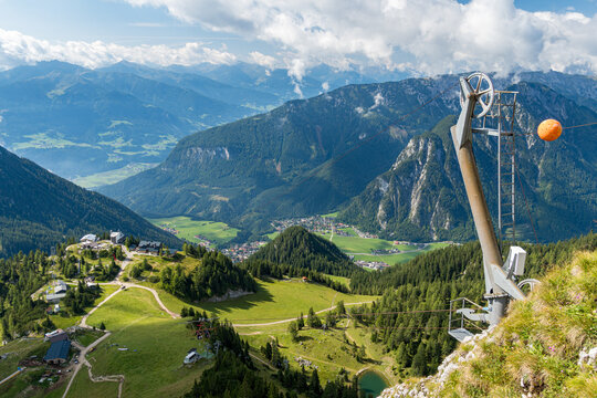 Panoramic view of the Rofan mountain area above Maurach and Lake Achensee in the Tyrol region of Austria