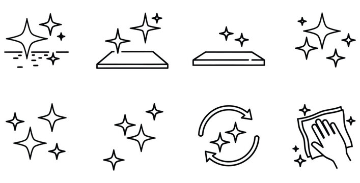 Set of eight black line icons representing surface cleaning polishing and sparkling shine effects