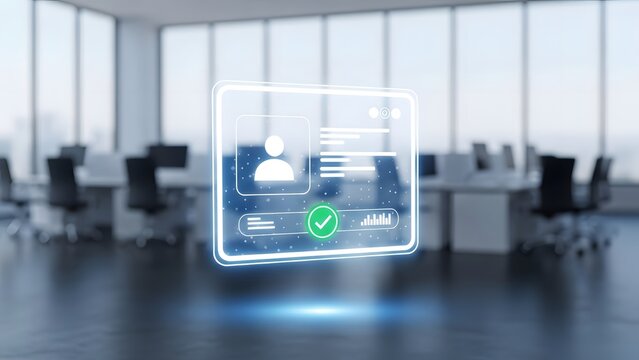 Futuristic digital id card in modern office space with glass walls