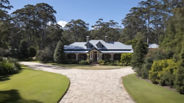 A country home surrounded by trees and a long driveway, on a bright sunny day