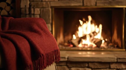 Flames dancing and crackling in a rustic stone fireplace, casting a warm, comforting glow next to a soft red blanket. This scene is suitable for concepts of relaxation, home ambiance, or comfort,