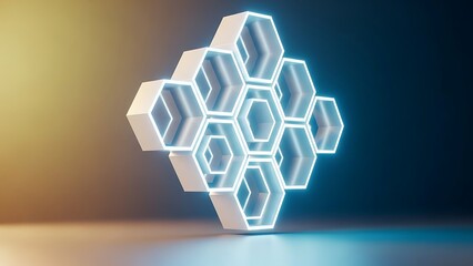 Abstract glowing white and blue neon honeycomb structure floats above a reflective surface creating a futuristic digital technology concept background design