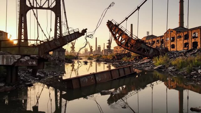 Dramatically destroyed bridge spans still water with industrial ruins visible in background, illuminated by warm glow of sunset. Scene depicts themes of disaster, abandonment, and post-war aftermath,