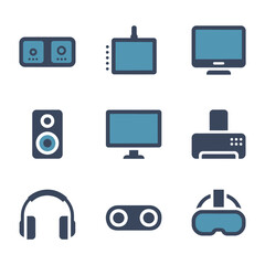 Home electronics and audio visual equipment illustration set featuring screens speakers headsets controllers flat vector design elements
