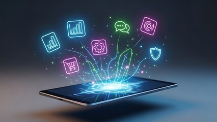 Glowing neon application icons representing digital services like data analytics communication and security emerge dynamically from a modern smartphone screen in a dark environment