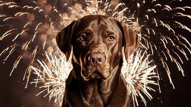 Chocolate labrador dog portrait against a dramatic backdrop of bright purple and white exploding fireworks at night