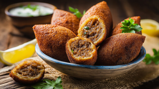 Crispy Arabic fried kibbeh croquettes filled with minced meat, golden crust, served with dipping sauce