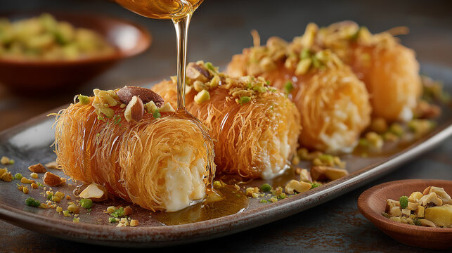 Crispy Middle Eastern kunafa rolls filled with cheese and nuts, drizzled with syrup, plated elegantly