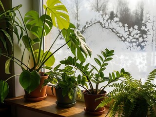 Indoor houseplants including monstera deliciosa and zz plant thriving on a wooden windowsill with frost patterns on the window glass