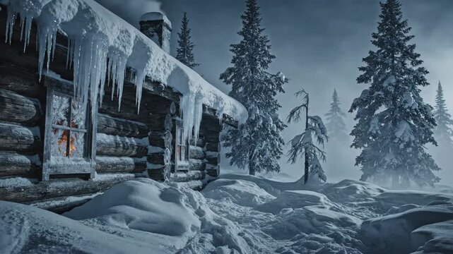Rustic log cabin surrounded by deep snow in winter forest, icicles hang from roof, warm light glows from window, depicting cozy holiday atmosphere or tranquil nature retreat, video.