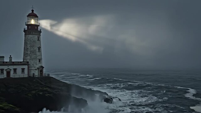 Lighthouse illuminating dark stormy ocean, showcasing resilience amid turbulent weather conditions. Useful for themes of navigation, safety at sea, and the power of nature in maritime settings.