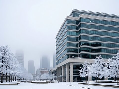 Modern glass office building covered in snow with bare trees and distant skyscrapers under a hazy winter sky