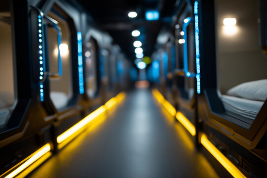 Experience a glimpse into a modern capsule hotel corridor featuring sleek design, mood lighting, and minimalist sleeping pods, perfect for travelers seeking comfort and innovation.