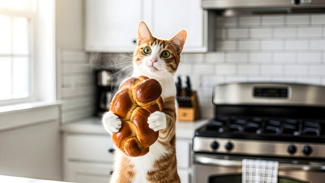 Adorable tabby cat proudly presents freshly baked challah bread in a cozy kitchen setting