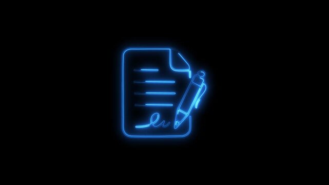 Glowing neon document with pen animation for business and legal agreements on black background