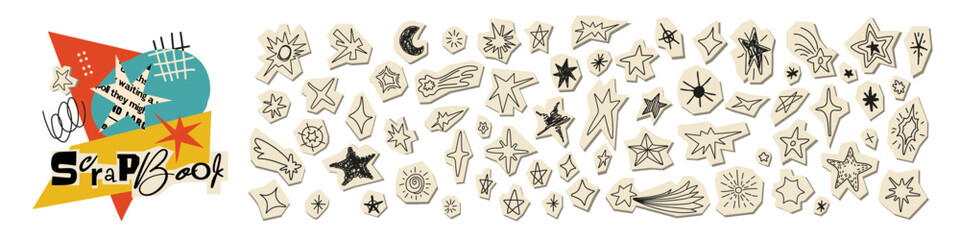 Paper cut collage elements set with hand drawn doodle stars and abstract irregular shapes. Funky scrapbook stickers with clipping effect. Modern vector illustration isolated on white background.