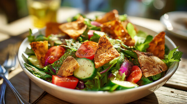 Fresh Middle Eastern fattoush salad with crispy pita chips, mixed greens, tomatoes, cucumbers, sumac dressing
