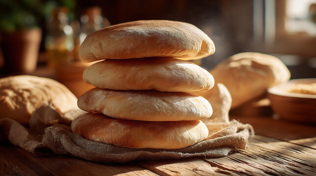 Freshly baked Arabic khubz bread stacked warm with soft texture