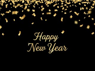 Golden confetti falls on black background with happy new year text in elegant gold script for celebration and party decoration