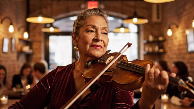 Mature woman plays violin in restaurant or bar, her bow gliding across strings. This dynamic scene represents musical performance, cultural expression, or content for video projects, footage.