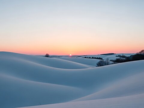 Serene snow covered landscape at sunset with rolling hills and trees in the distance under a gradient sky
