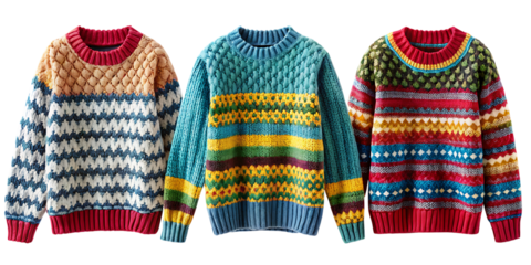 Colorful knit sweaters with geometric patterns on white background isolated on a transparent background