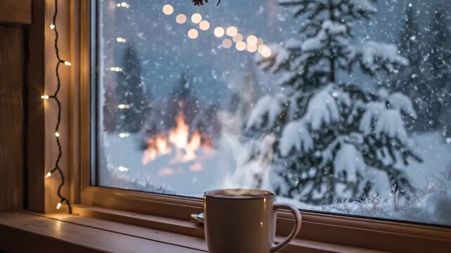 Warm mug sits on a rustic wooden windowsill adorned with string lights, looking out onto a beautiful snowy winter landscape with a frosted pine tree and distant bonfire glow.
